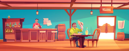 Western saloon with cowboy and barman behind counter. Vector cartoon interior of wild west tavern...