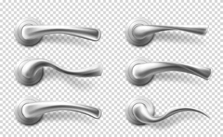 Metal door handles for room interior in office, home or hotel. Vector realistic set of silver doorknob, modern chrome lever handles in different shapes isolated on transparent backgroundのイラスト素材