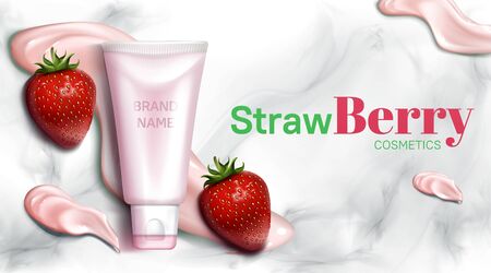Strawberry cosmetics bottle mockup banner, natural beauty product on marble background with pink cream smear brush strokes. Skin care cosmetic cream tube packaging design top view Realistic 3d vectorのイラスト素材