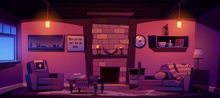 Wild west living room at night, empty interior with western rustic style furniture. Cartoon vector fireplace with horns and candles, couch with plaid, armchair, table, glow lamps and cow skin ragのイラスト素材