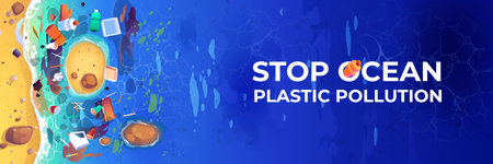 Stop ocean plastic pollution banner. Polluted sea coastline with garbage and waste top view. Vector...