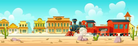 Steam train in western town. Wild west desert landscape with cactuses, railroad and old wooden buildings. Vector cartoon illustration of wild west city and vintage locomotiveのイラスト素材