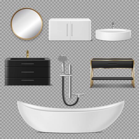 Bath, shower, mirror and sink. Vector realistic furniture for bathroom interior in home or hotel with round mirror in golden frame and black closet under wachbasin isolated on transparent backgroundのイラスト素材