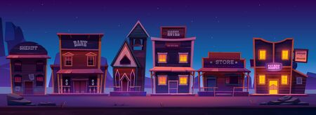 Western town with old wooden buildings at night. Wild west landscape for game gui. Vector cartoon illustration of city street with catholic church, saloon, sheriff office, bank, hotel and storeのイラスト素材