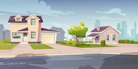 Suburban cottages, residential house with garage. Vector cartoon illustration of village mansions facade. Summer countryside landscape of with private buildings and town silhouettes on backgroundのイラスト素材