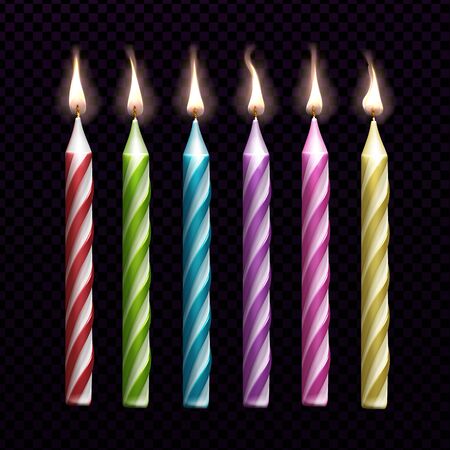 Burning candles for birthday cake set isolated on black and transparent background. Colorful decorative design elements with glow candlelight fire. Realistic 3d vector illustration, icon, clip artのイラスト素材