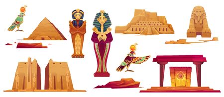 Ancient Egypt landmarks. Vector icons set of sculptures of egyptian gods, sphinx, pyramid and golden sarcophagus of pharaoh and queen. Historical temples and obelisk isolated on white backgroundのイラスト素材