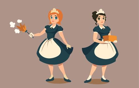 Housemaids with duster and stack of linen or towels. Happy young girls in black maid uniform. Female housekeepers in hotel or luxury house, cleaning service. Cartoon characters vector illustrationのイラスト素材