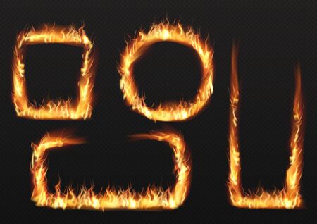 Ring fire flame, burning different shapes frames. Vector realistic mockup with ignited circle, square and rectangle borders, bright fiery banners isolated on transparent backgroundのイラスト素材