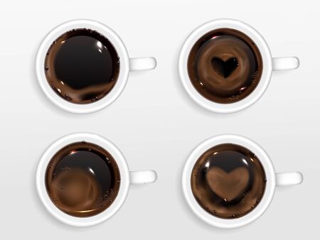 Cups of coffee with heart shape from cream foam. Vector realistic set of hot espresso, cappuccino in mugs with latte art isolated on white background in top viewのイラスト素材