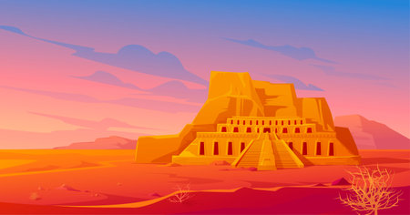 Egypt mortuary temple of queen Hatshepsut in Deir al-Bahri, world famous Egyptian landmark in desert landscape with tumbleweeds. Tourist attraction architecture building, Cartoon vector illustrationのイラスト素材