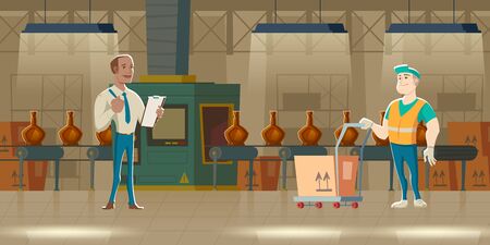 Glass bottles on conveyor belt, cartoon vector illustration. Factory manufacture room or plant interior with moving production line and alcohol glass bottles on it, worker and loader with storage boxのイラスト素材