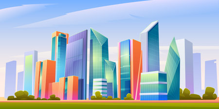 Urban cityscape panoramic banner vector cartoon illustration with buildings, city skyline with skyscraper and tower architecture, megapolis landscape, town scenic background with cloudsのイラスト素材