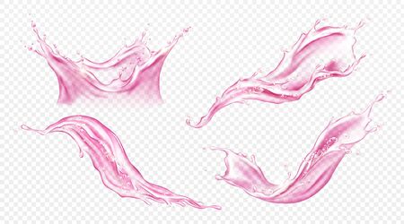 Splash of juice or pink water isolated on transparent background. Vector realistic set of liquid waves of falling and flowing translucent red drink, strawberry or berry juice, rose wineのイラスト素材