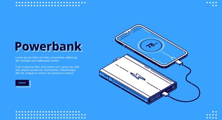 Powerbank isometric landing page. Smartphone with charging level on screen wire connected with power bank portable device. Mobile phone or cellphone low battery charger, 3d vector line art, web bannerのイラスト素材