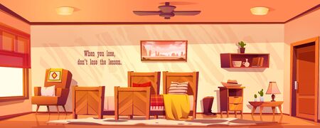 Wild west bedroom empty interior in western rustic style with wooden furniture. Cartoon vector room with unmade bed with plaid, armchair, night table, lamp, bookshelf, picture on wall and cow skin ragのイラスト素材