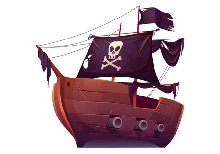 Vector wooden pirate boat with black sails. Corsair ship with black flag, cannons, skull and crossbones on canvas. Cartoon old wooden ship, vintage galleon isolated on white backgroundのイラスト素材