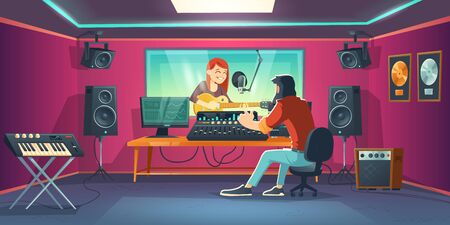 Singer in recording studio. Singing woman in artist booth with equipment and window, sound engineer in control room with tools for capturing, mixing and mastering music. Cartoon vector illustrationのイラスト素材