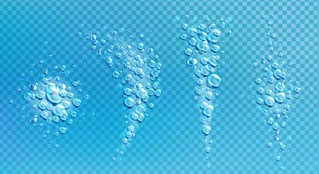 Air bubbles, effervescent water fizz set. Dynamic aqua motion, randomly moving underwater fizzing, soda drink design elements isolated on transparent background, Realistic 3d vector illustrationのイラスト素材