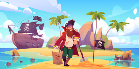 Pirate buried treasure chest on island beach. Vector cartoon character with hook, wooden leg and beard in sailor costume. Illustration of tropical island, pirate ship, capitan and flag with skullのイラスト素材