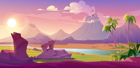 Prehistoric steaming volcanoes, cartoon volcanic background with palm trees, river and rock under pink sky with shining sun. Jurassic era of Earth evolution, tropical landscape, Vector illustrationのイラスト素材