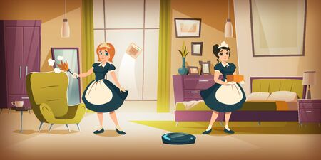 Bedroom interior with cleaning maids, home cleaning or hotel room service cartoon vector illustration. Interior with women in black dresses and white aprons with dusk whisk in hand and vacuum robotのイラスト素材
