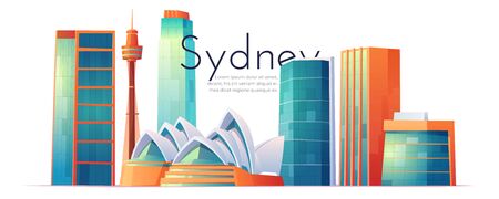 FEBRUARY 12, 2020. Vector cartoon illustration of Sydney landmarks, city skyline with Opera house banner, world famous buildings, tourist attraction architecture, megapolis skyscrapers, Australiaのイラスト素材