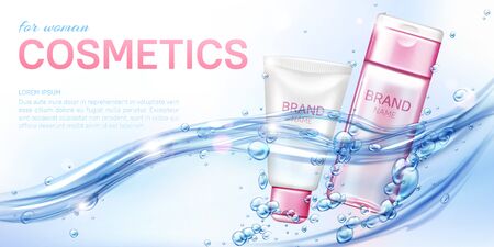 Woman cosmetic beauty product shampoo conditioner in water flow realistic vector poster. Pink white cream tube, micellar water lotion bottle for female cosmetics float in sparkling water with bubblesのイラスト素材