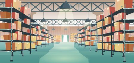 Warehouse interior with cardboard boxes on metal racks. Vector cartoon illustration of empty storage room interior with goods, cargo and parcels on shelves. Storehouse in store, garage, marketのイラスト素材
