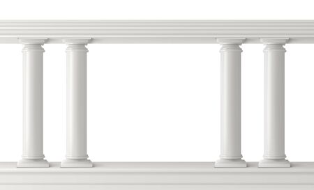 Antique columns, stone pillars frame balustrade isolated. Ancient figured elements connected at top with railing or horizontal beam. Roman or greece architecture. Realistic 3d vector illustration.のイラスト素材