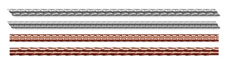 Metal rods, steel and copper bars set isolated on white background. Reinforced iron rebars for building construction engineering works, metallic rigid fittings, armature realistic 3d vector mock upのイラスト素材