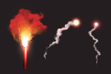 Burn red gun flare, sos fire light signal for emergency on road or sea. Glowing torch with sparks and color smoke isolated on black background. Ignition pyrotechnics realistic 3d vector illustrationのイラスト素材