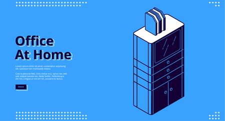 Office at home isometric landing page. Workplace with drawer cabinet and file organizer on blue background, working equipment for businessman, analyst, freelancer, 3d vector line art web bannerのイラスト素材