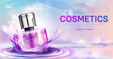 Cosmetics perfume bottle on splashing water surface with circles on pink cloudy sky background. Glass spray tube package promo mockup banner design. cosmetics product Realistic 3d vector illustrationのイラスト素材
