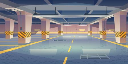 Underground car parking. Vector cartoon interior of empty basement garage with columns, road marking lots for automobiles and guiding arrows on wall. Car parking in mall or city houseのイラスト素材
