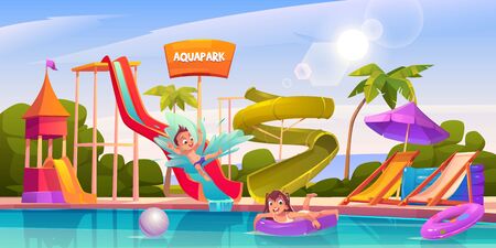 Kids in aquapark, amusement aqua park with water attractions, boy riding slide, girl swimming in pool on inflatable ring, outdoor playground for children entertainment, Cartoon vector illustrationのイラスト素材