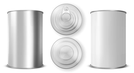 Tin can with ring pull side, top bottom view set. Cylinder food metal jar with lid, open key Silver colored aluminium canister for preserves isolated on white background, Realistic 3d vector iconのイラスト素材