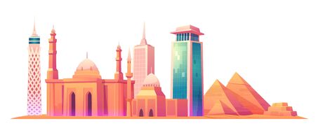 Vector cartoon illustration of Cairo Tower, Giza pyramid complex or Giza Necropolis, Mosque of Muhammad Ali Pasha or Alabaster Mosque, Egypt skyline with world famous landmark buildingsのイラスト素材