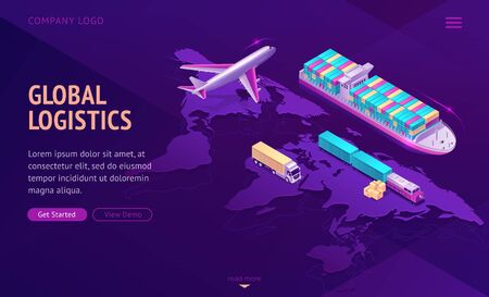 Global logistics isometric landing page. Transport delivery company service, cargo import export by ship, airplane, truck, train land and air goods world transportation business, 3d vector web bannerのイラスト素材