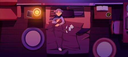 Sick woman lying in bed with fever. Night bedroom interior with sad girl under blanket top view. Vector cartoon illustration of ill woman character with thermometer in mouth and tablets on bedのイラスト素材