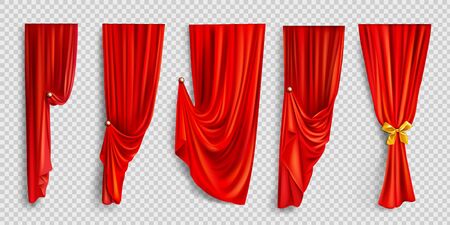 Red window curtains set, folded cloth for interior decoration isolated on transparent background. Soft lightweight clear material, fabric drapery of different forms. Realistic 3d vector illustrationのイラスト素材
