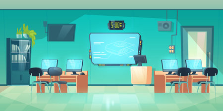 Computer class, empty interior of school, university or college, modern room for studying. Cabinet with desks, computers with formulas on screen, tv display, teacher place, cartoon vector illustrationのイラスト素材