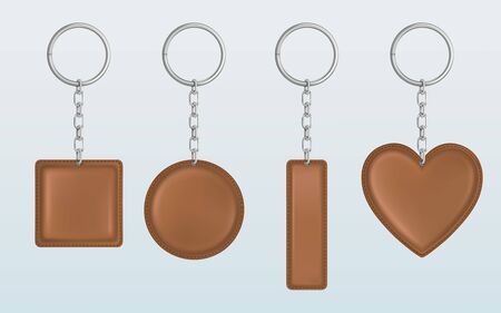 Leather keychain, holder trinket for key with metal chain and ring. Vector realistic template of brown fob for car, home or office isolated on white background. Blank accessory for corporate identityのイラスト素材
