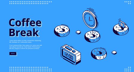 Coffee break isometric landing page. Donuts and alarm clock with 12 a.m time on dial. Business person breakfast, 3d vector illustration, line art web bannerのイラスト素材