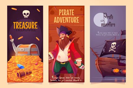 Pirate adventure vertical banners set, treasure chest with gold, bearded smiling filibuster captain with hook hand and wooden leg prosthesis and ship with jolly roger sail, Cartoon vector illustrationのイラスト素材