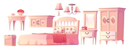 Shabby chic interior set for bedroom isolated on white background. with bed, nightstand, fireplace and hat on hanger. Vector cartoon pink furniture with bed, nightstand, mirror and cabinet