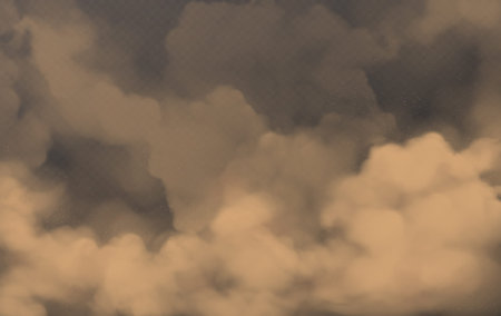 Brown dust clouds of flying sand and soil. Grunge texture of dirty smog or sandstorm isolated on...