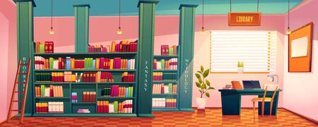 Library with books on shelves and laptop on table. Vector cartoon illustration of school, university or public library or store with bookcase, ladder, desk for study and chairのイラスト素材