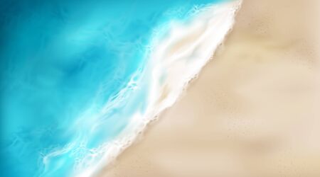 Top view of sea wave with foam splashing on beach with sand. Blue ocean foamy water splash on coastline background. Nature surface at summer day, nautical seascape, Realistic 3d vector illustrationのイラスト素材