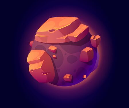 Fantasy space planet with big rocks for ui galaxy game. Vector cartoon icon of alien world, fantastic cosmic object with brown stones. Illustration of unusual astronomyのイラスト素材